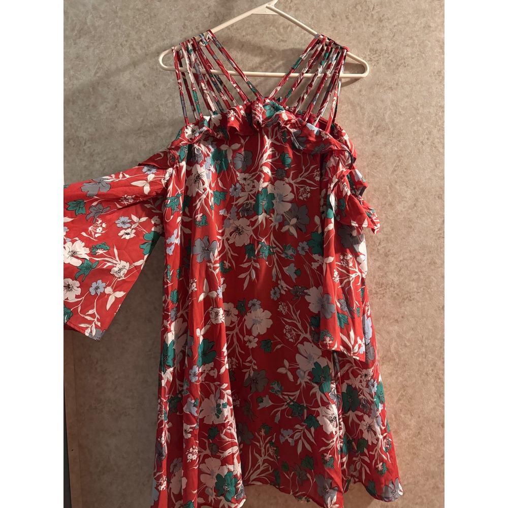 Entro Red Floral Cold Shoulder Ruffle Dress Multi Strap Neckline Large D7759